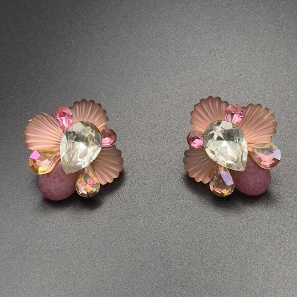 Vintage Michele Sugar Pink Clamshell Pink White Stone Rhinestone Earrings - Picture 10 of 10
